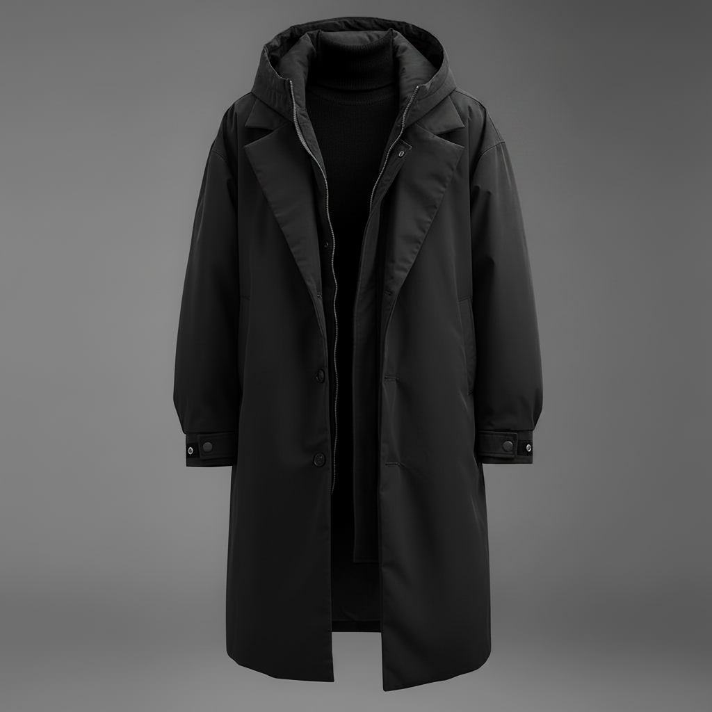 Vanntett trenchcoat til herre med hette, lang regnjakke for by og reise