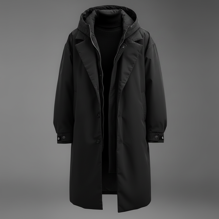 Vanntett trenchcoat til herre med hette, lang regnjakke for by og reise