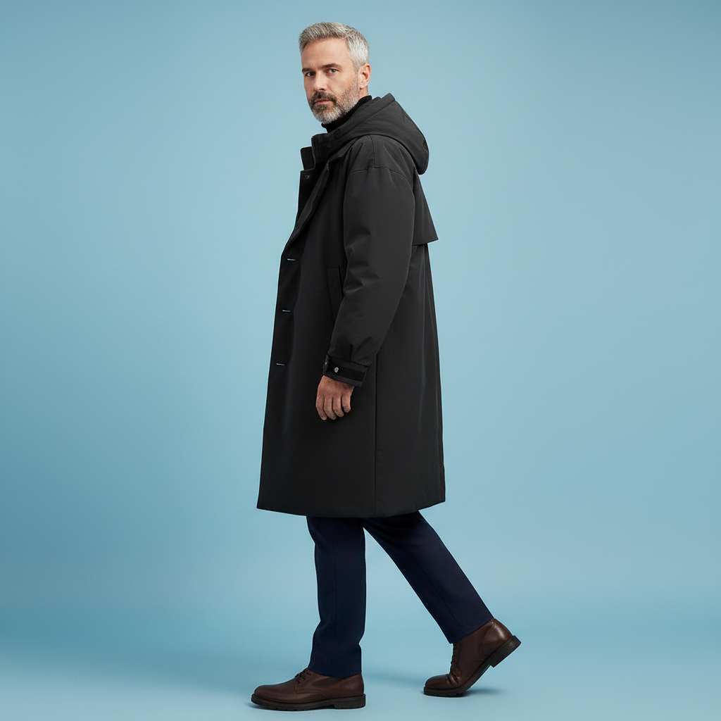 Vanntett trenchcoat til herre med hette, lang regnjakke for by og reise