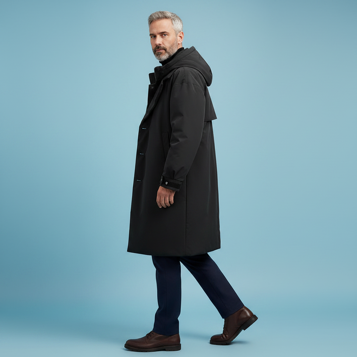 Vanntett trenchcoat til herre med hette, lang regnjakke for by og reise