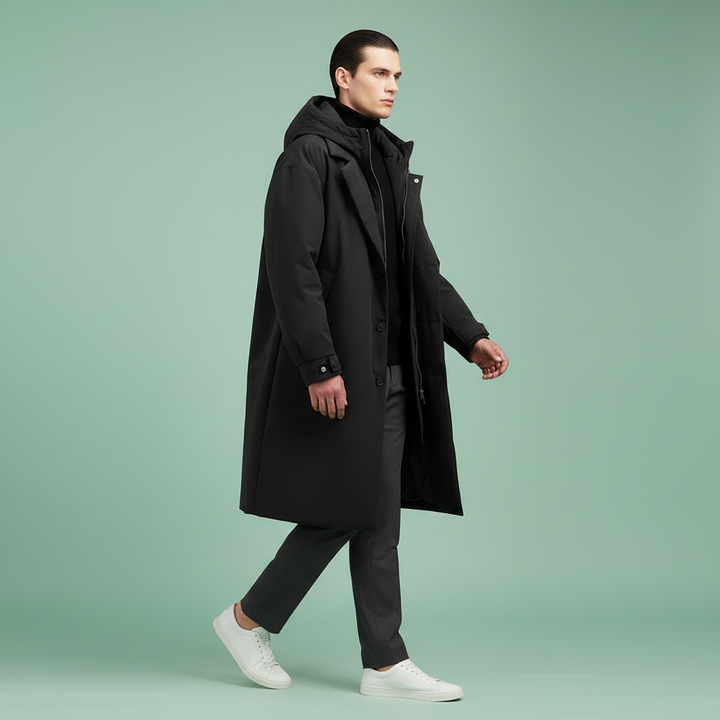 Vanntett trenchcoat til herre med hette, lang regnjakke for by og reise