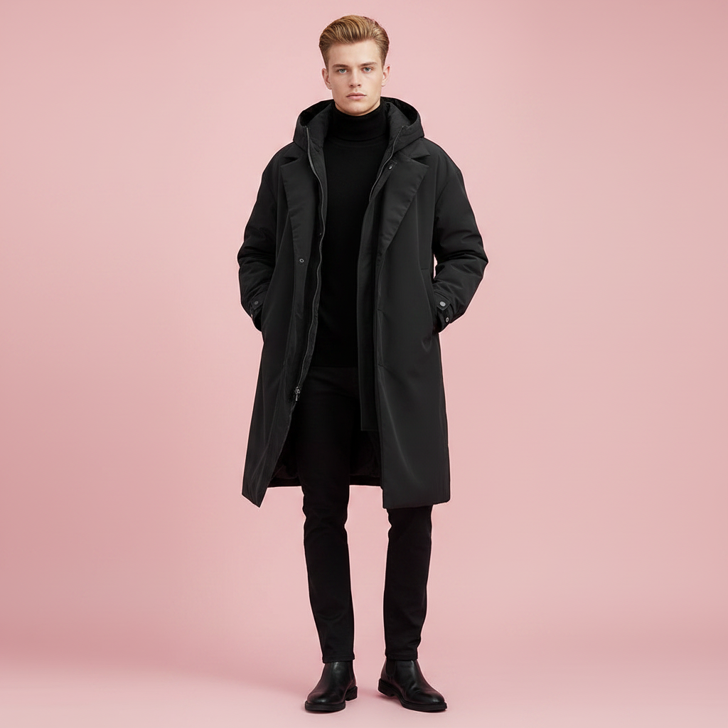 Vanntett trenchcoat til herre med hette, lang regnjakke for by og reise