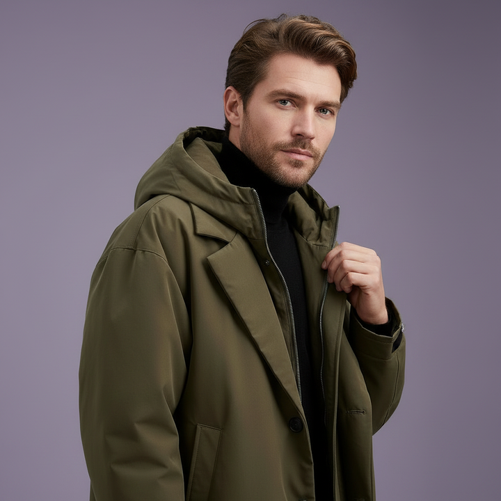 Vanntett trenchcoat til herre med hette, lang regnjakke for by og reise