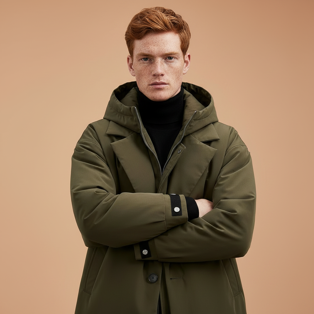 Vanntett trenchcoat til herre med hette, lang regnjakke for by og reise