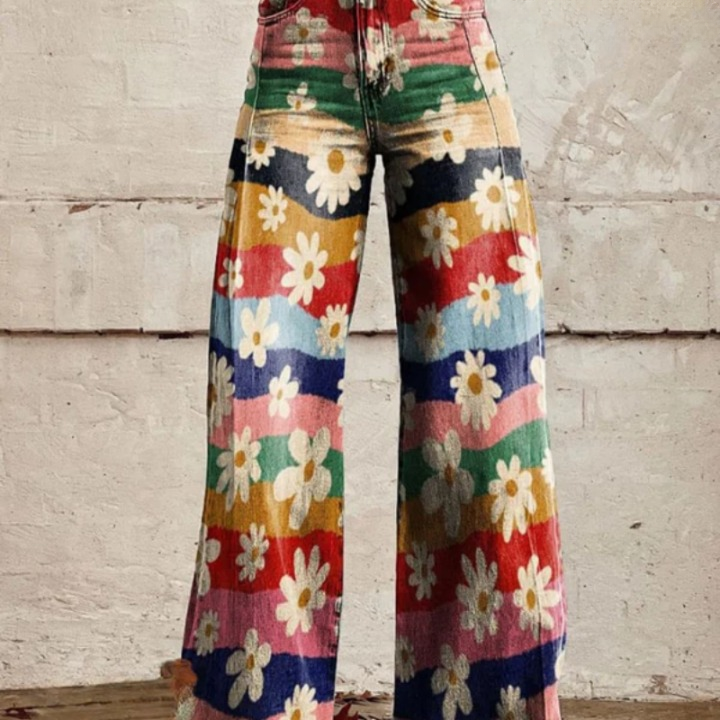Trendy retro utsvingte blomsterbukser med høy midje - Mirella