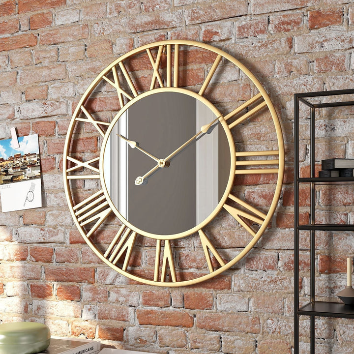 Stort vintage veggur i metall med speil, 39 cm