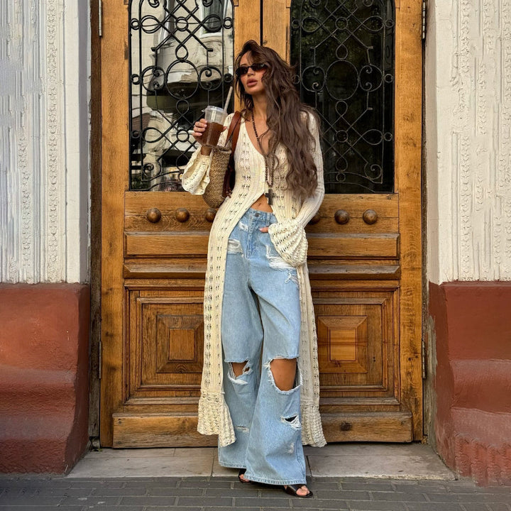 Kvinners Strikket Hult Utvidet Erme Lang Cardigan