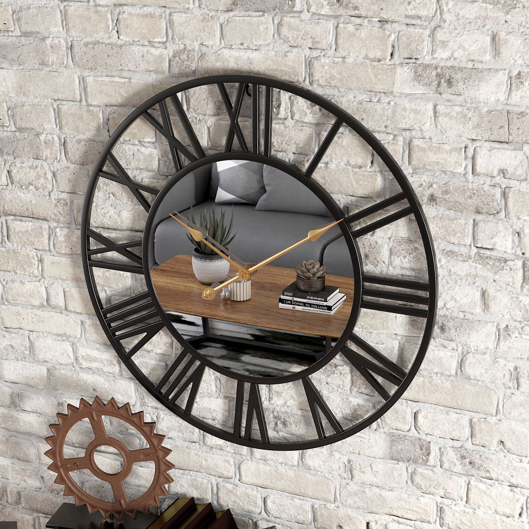 Stort vintage veggur i metall med speil, 39 cm