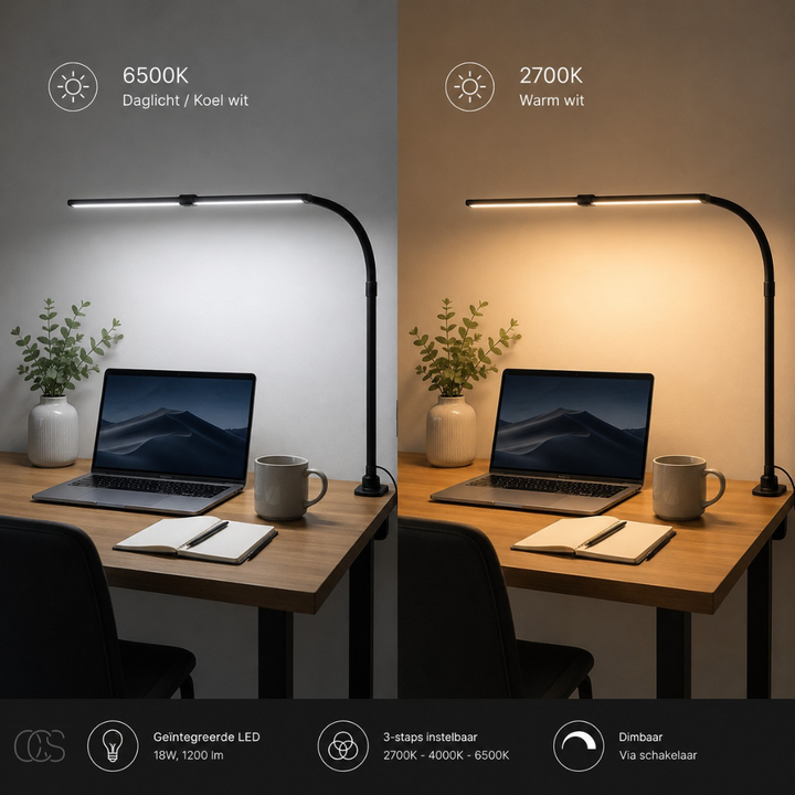Dimbar skrivebordslampe - 3 lysfarger &amp; justerbart design