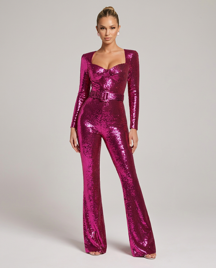 Paljettjumpsuit for dame med hjerteformet utringning, lange ermer og markert beltelinning