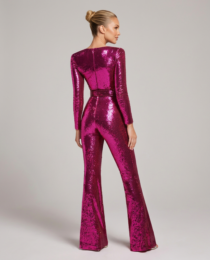 Paljettjumpsuit for dame med hjerteformet utringning, lange ermer og markert beltelinning