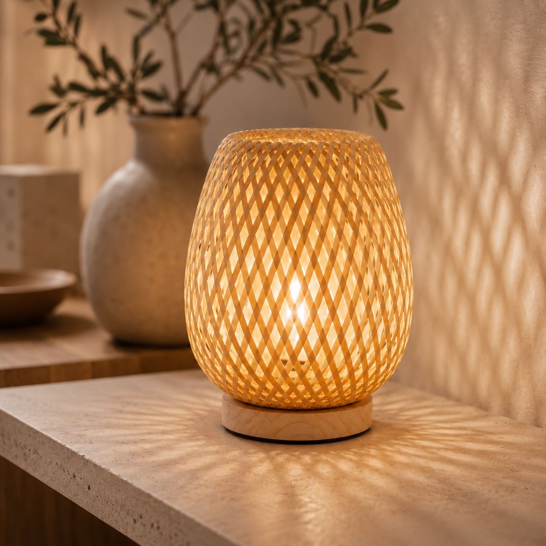 Trådløs bambus bordlampe - skandinavisk dimbar LED med 3 lysfarger