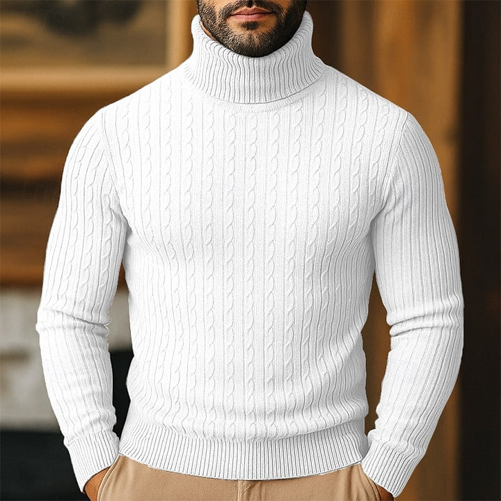 Høyhalset genser til herre med kabelmønster – finstrikket pullover