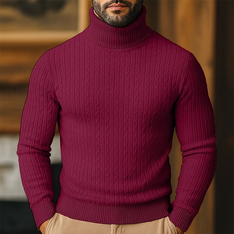 Høyhalset genser til herre med kabelmønster – finstrikket pullover