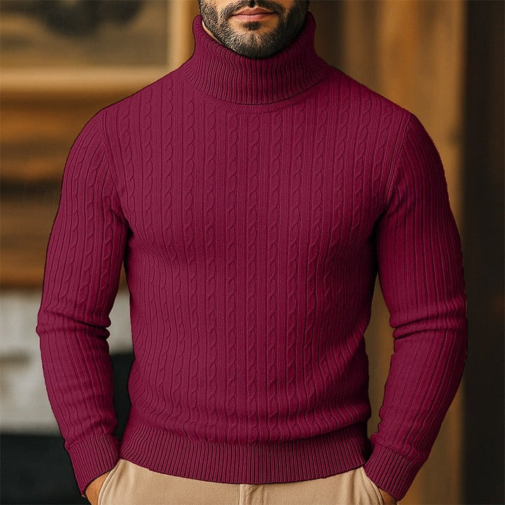 Høyhalset genser til herre med kabelmønster – finstrikket pullover
