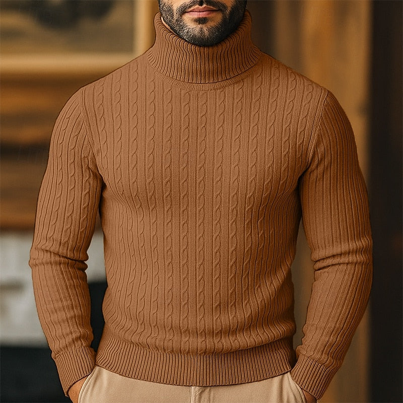 Høyhalset genser til herre med kabelmønster – finstrikket pullover