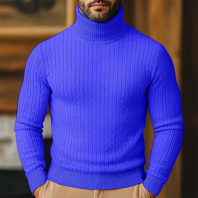 Høyhalset genser til herre med kabelmønster – finstrikket pullover