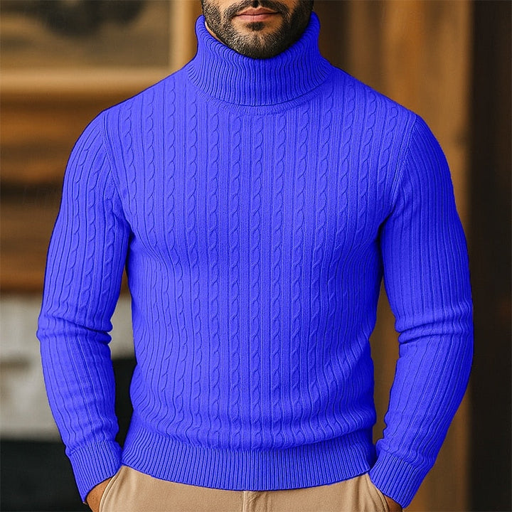 Høyhalset genser til herre med kabelmønster – finstrikket pullover