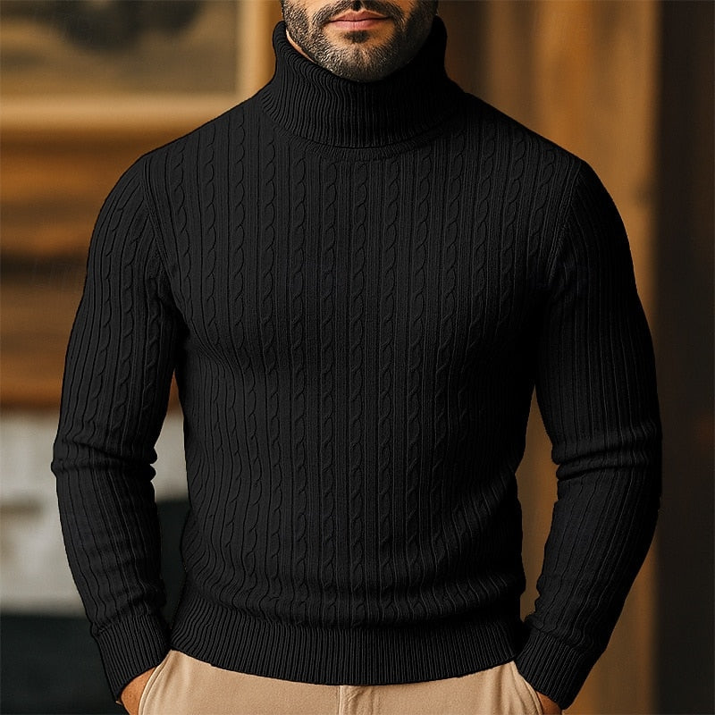 Høyhalset genser til herre med kabelmønster – finstrikket pullover