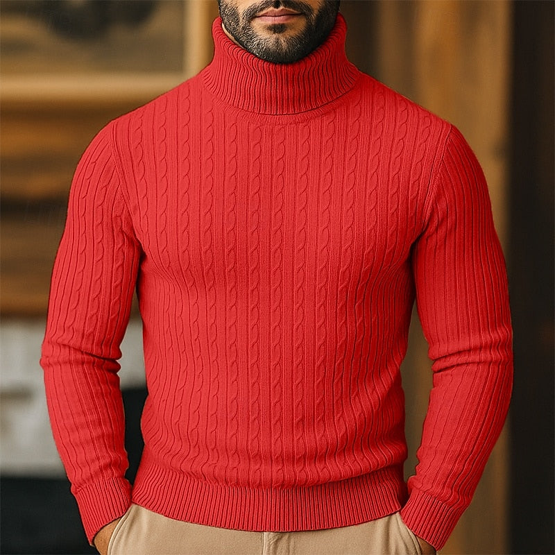 Høyhalset genser til herre med kabelmønster – finstrikket pullover