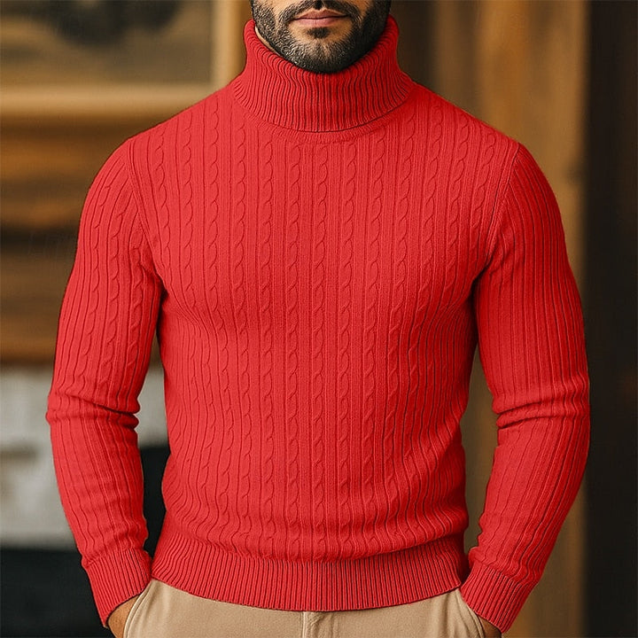 Høyhalset genser til herre med kabelmønster – finstrikket pullover