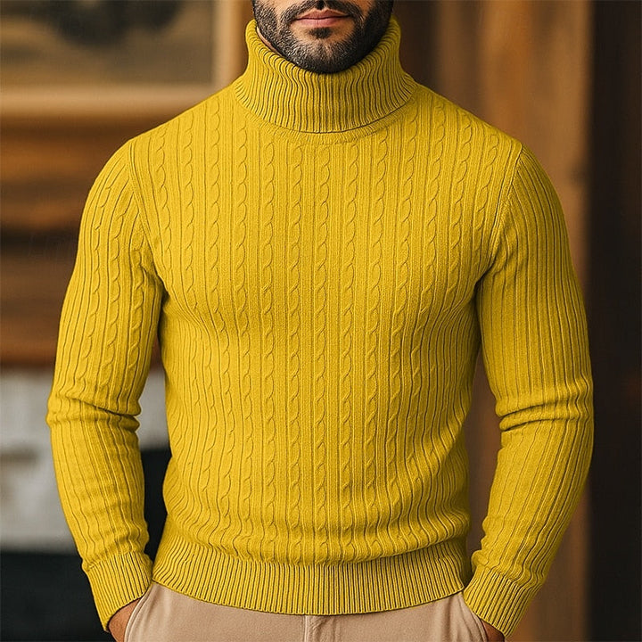 Høyhalset genser til herre med kabelmønster – finstrikket pullover