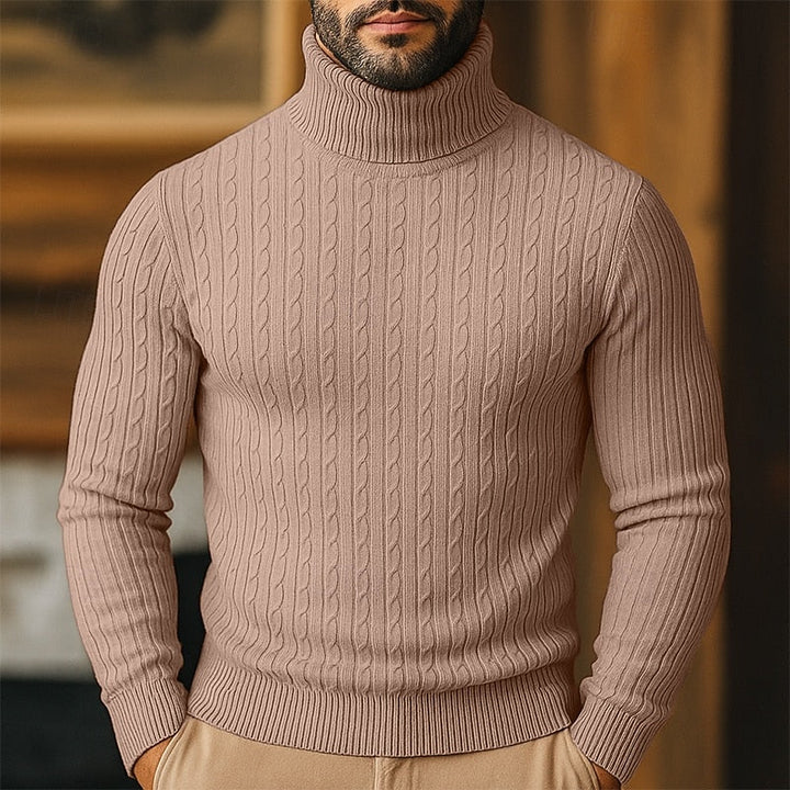 Høyhalset genser til herre med kabelmønster – finstrikket pullover