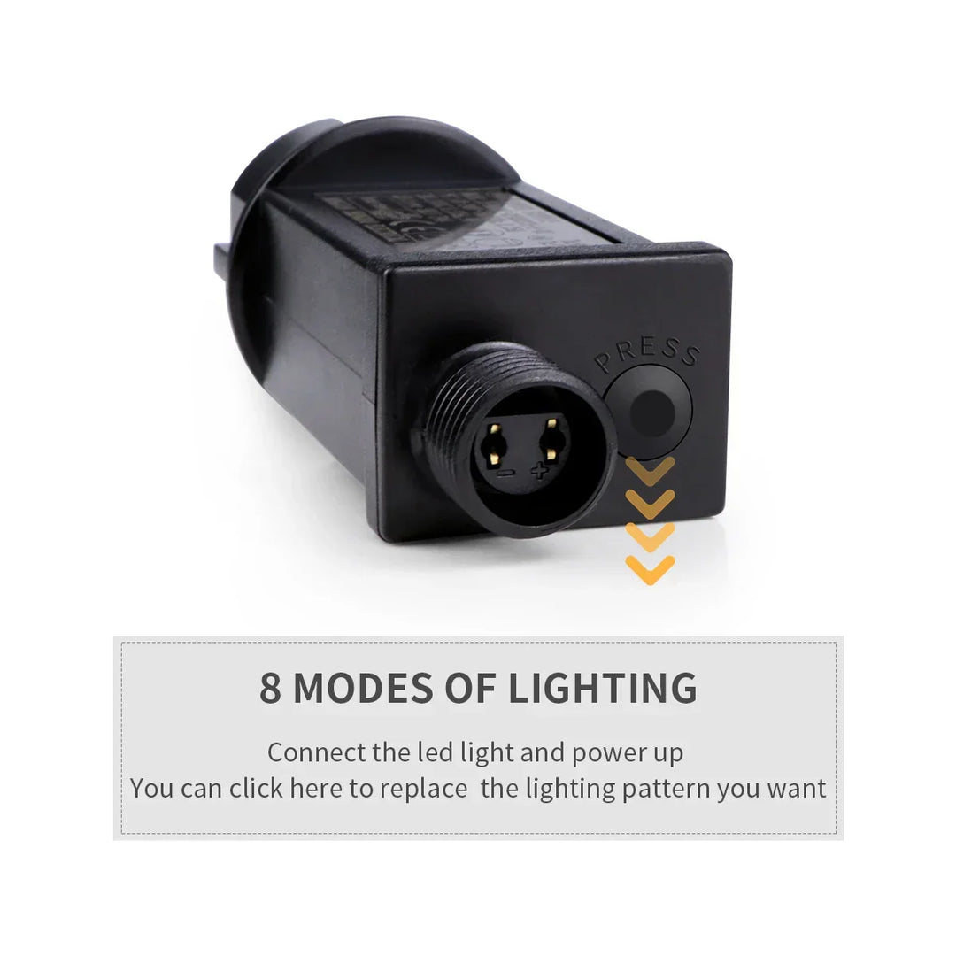 LuminaraX | Utendørs LED-lyslenke 24V | 8 lysmodus | Vanntett IP65 | 10–100 m | Til hage, hjem og julepynt