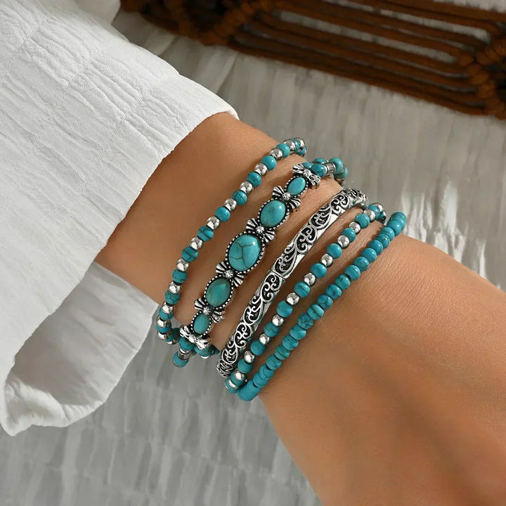Boho-armbåndsett – 5 deler, med turkise perler