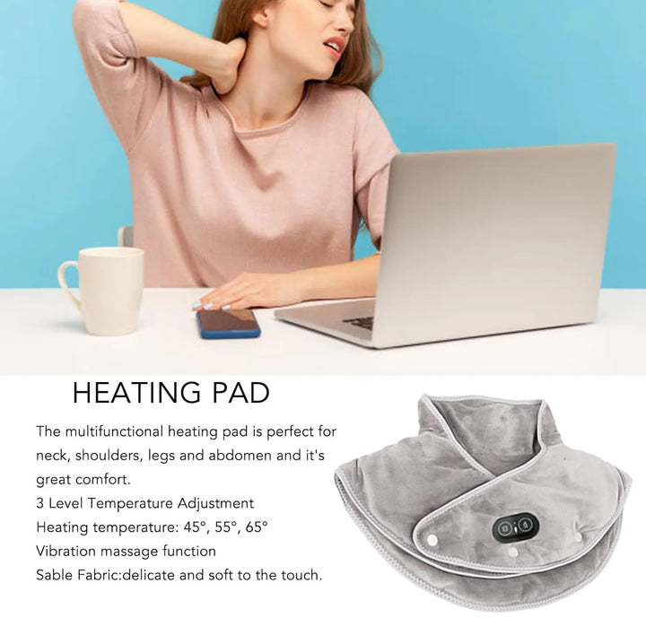 ThermoLiva varmemassasjeapparat for nakke og skuldre | USB-varmepute med vibrasjon | 3 temperaturnivåer og timer | Myk plysj