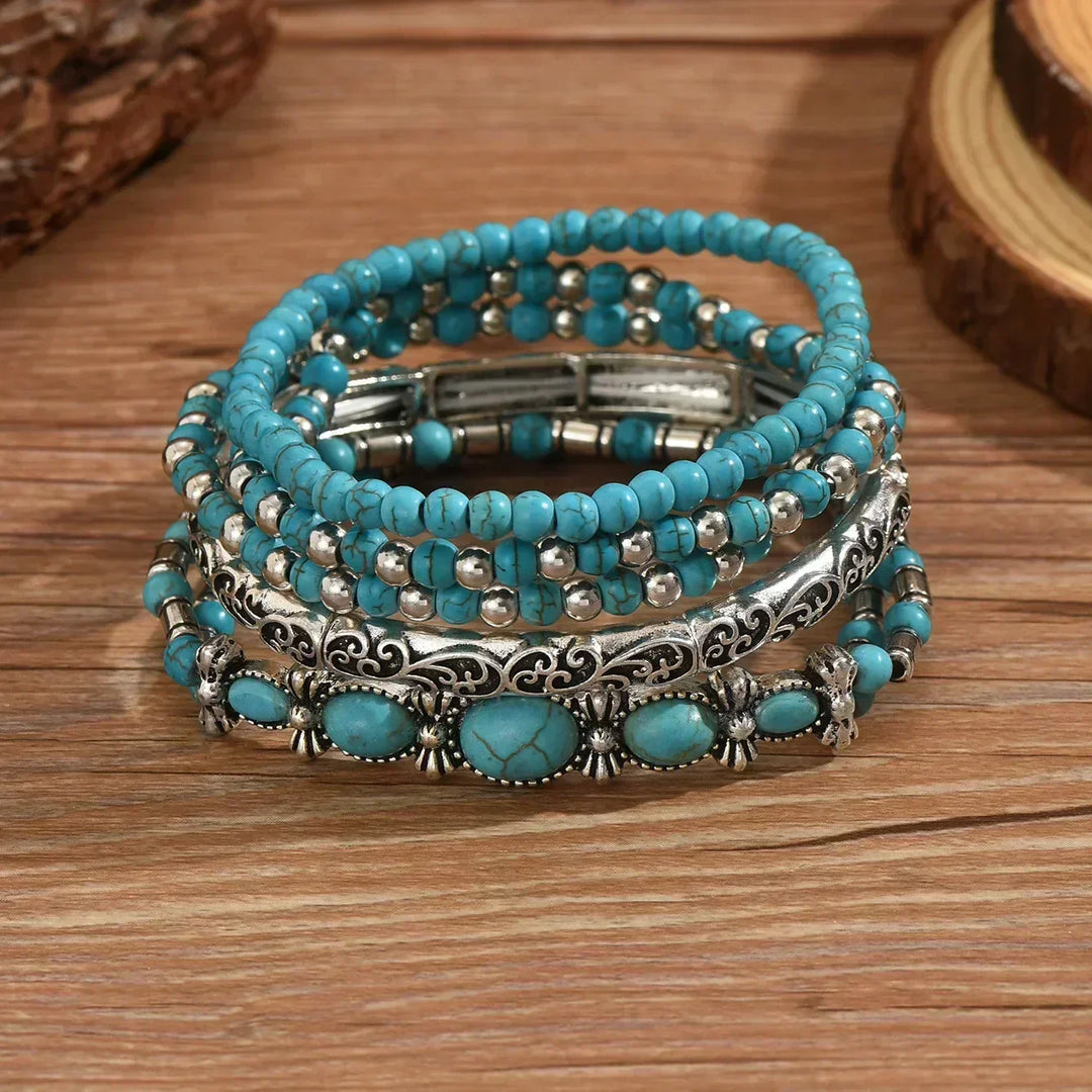 Boho-armbåndsett – 5 deler, med turkise perler
