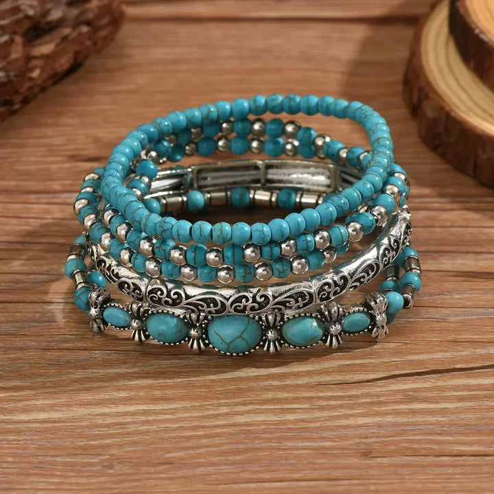 Boho-armbåndsett – 5 deler, med turkise perler