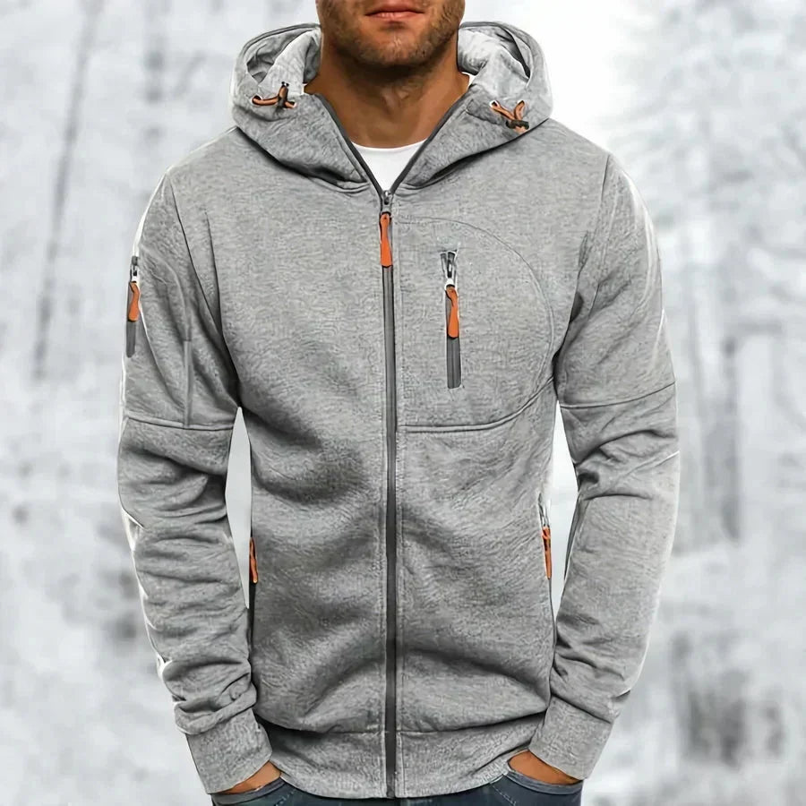 Hettegenser til herre med glidelås og hette – jacquard-polyester, løs passform