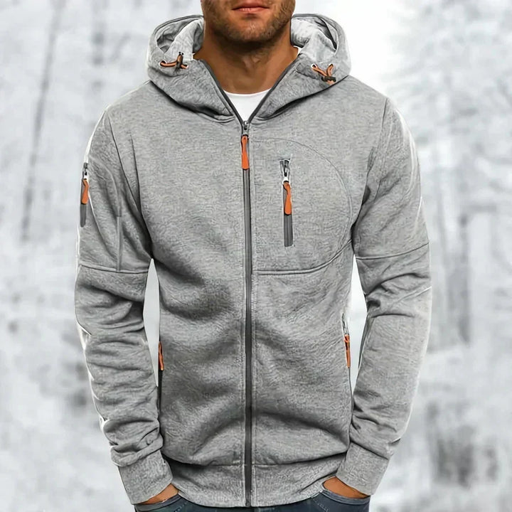 Hettegenser til herre med glidelås og hette – jacquard-polyester, løs passform