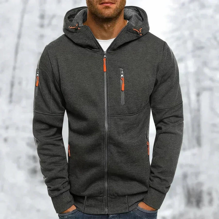 Hettegenser til herre med glidelås og hette – jacquard-polyester, løs passform