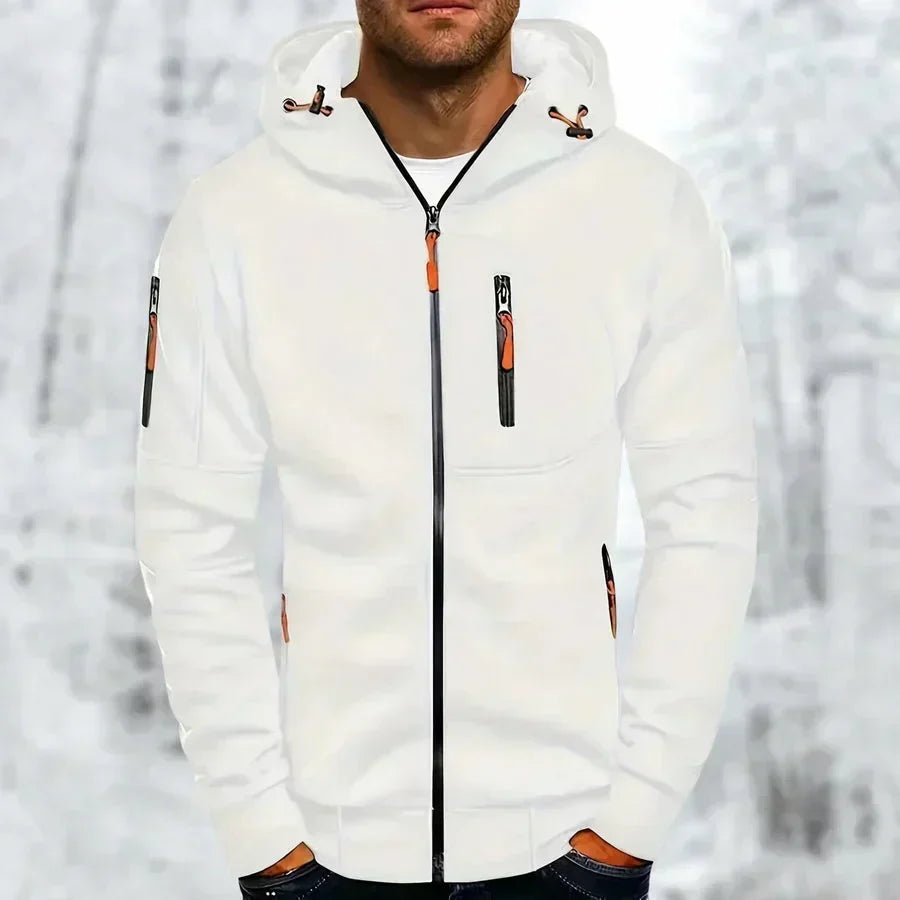Hettegenser til herre med glidelås og hette – jacquard-polyester, løs passform