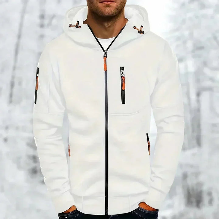 Hettegenser til herre med glidelås og hette – jacquard-polyester, løs passform