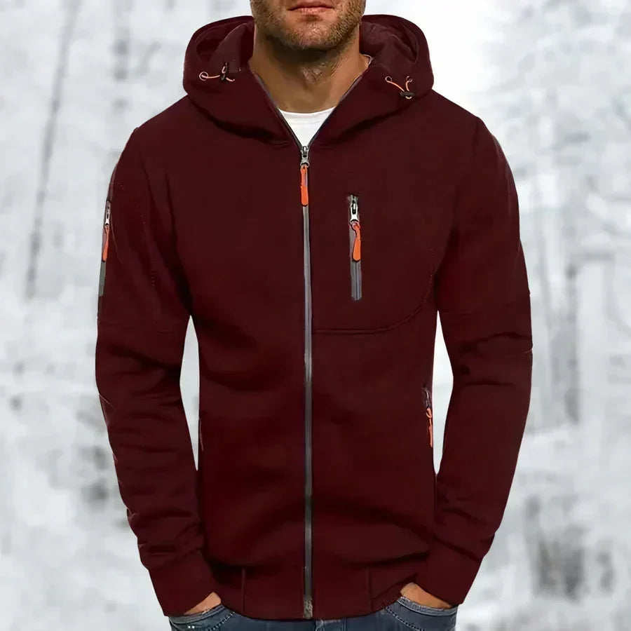 Hettegenser til herre med glidelås og hette – jacquard-polyester, løs passform