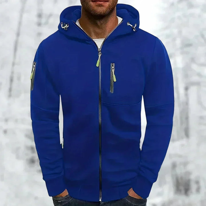 Hettegenser til herre med glidelås og hette – jacquard-polyester, løs passform
