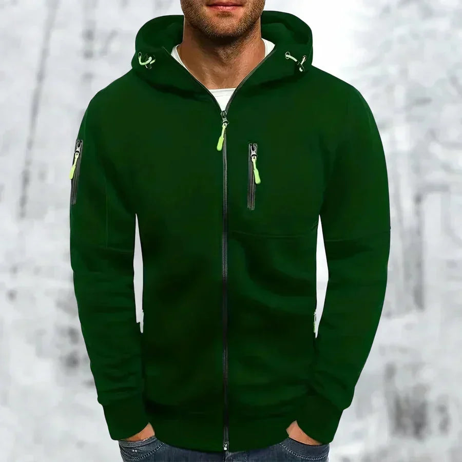 Hettegenser til herre med glidelås og hette – jacquard-polyester, løs passform
