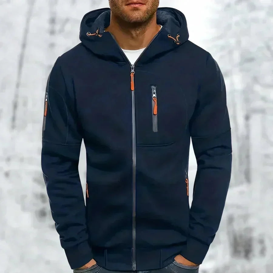 Hettegenser til herre med glidelås og hette – jacquard-polyester, løs passform