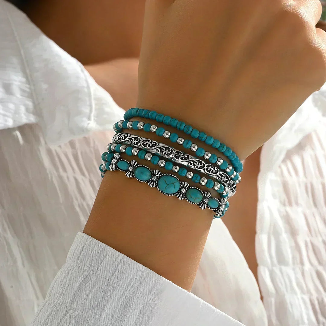 Boho-armbåndsett – 5 deler, med turkise perler