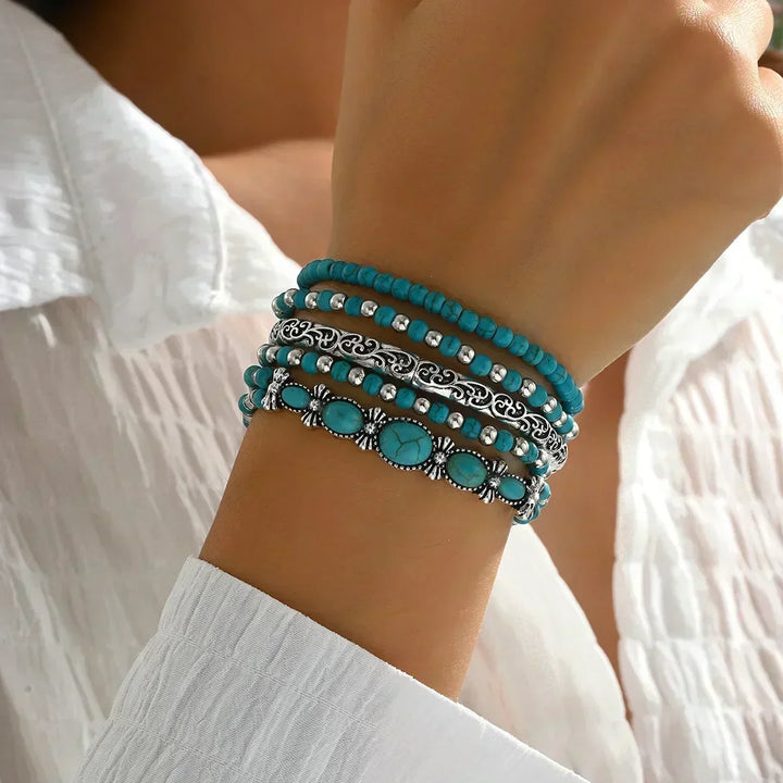 Boho-armbåndsett – 5 deler, med turkise perler