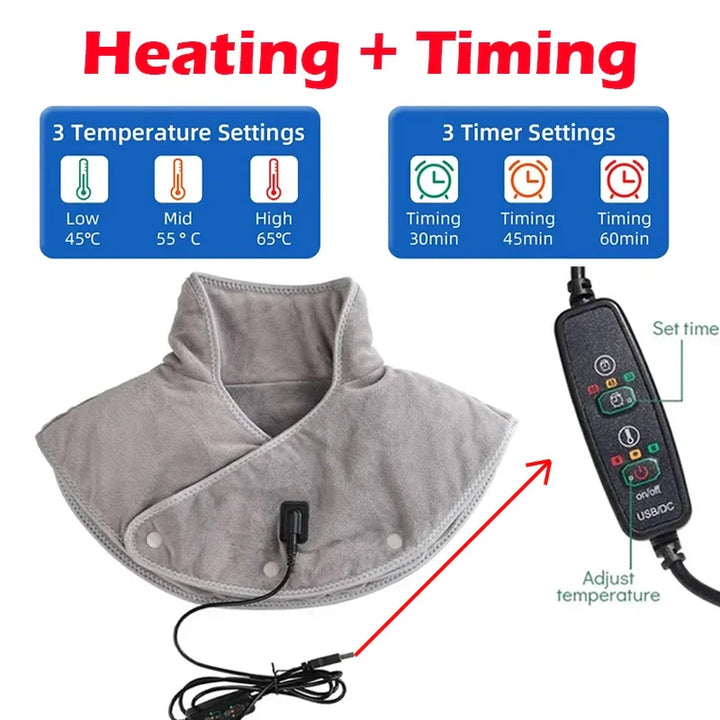 ThermoLiva varmemassasjeapparat for nakke og skuldre | USB-varmepute med vibrasjon | 3 temperaturnivåer og timer | Myk plysj