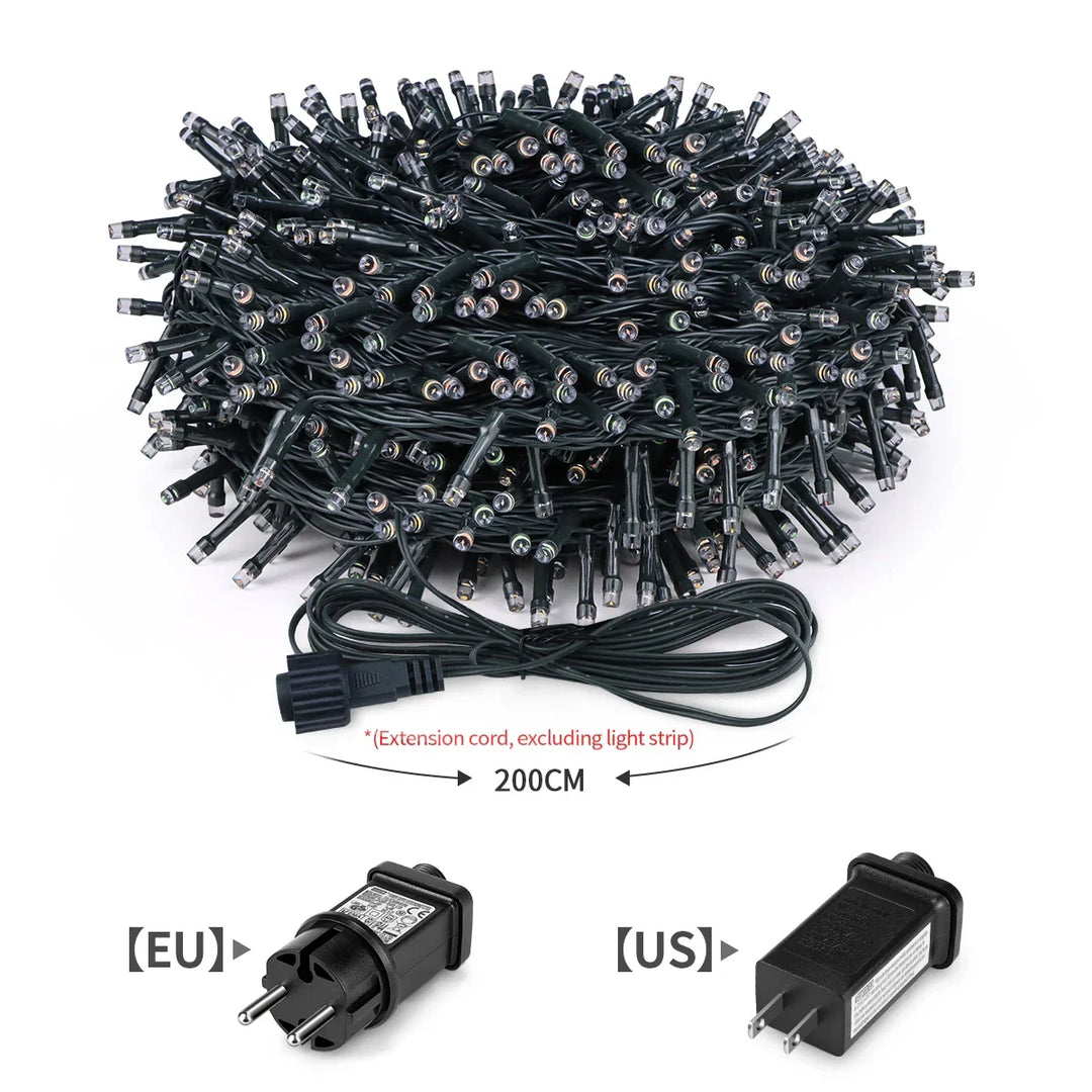 LuminaraX | Utendørs LED-lyslenke 24V | 8 lysmodus | Vanntett IP65 | 10–100 m | Til hage, hjem og julepynt