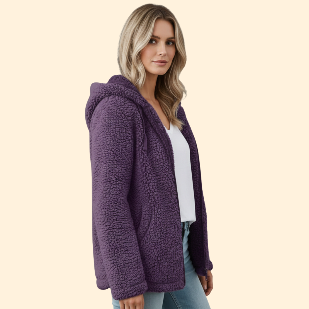 Dame Teddyjakke med Hette - Fleece Vinterjakke