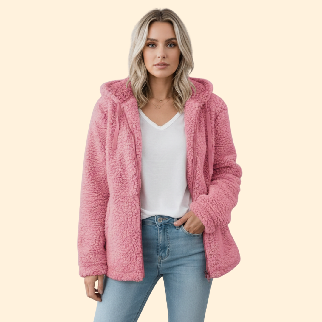 Dame Teddyjakke med Hette - Fleece Vinterjakke