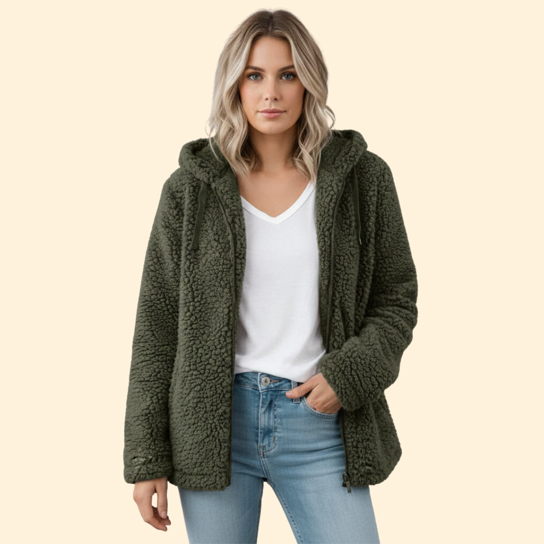 Dame Teddyjakke med Hette - Fleece Vinterjakke