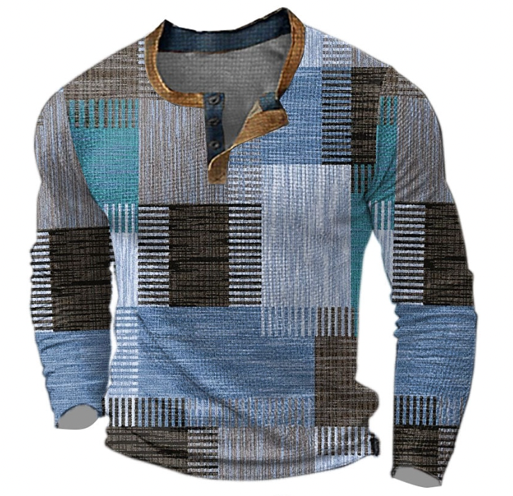 Henley-sweatshirt til herre med knappelist og geometrisk mønster