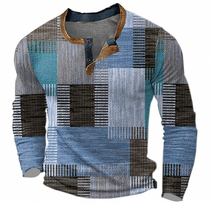 Henley-sweatshirt til herre med knappelist og geometrisk mønster